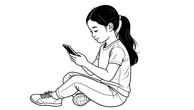 A black and white illustration of a young girl seated cross-legged, engrossed in a smartphone. She is wearing casual clothes