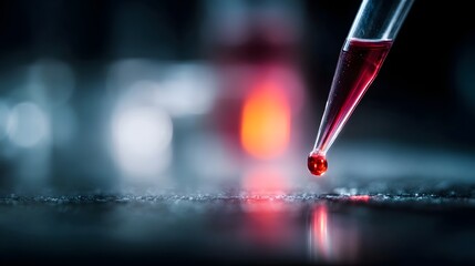Close up of a medical pipette dripping a red liquid sample illuminated in a focused scientific laboratory setting