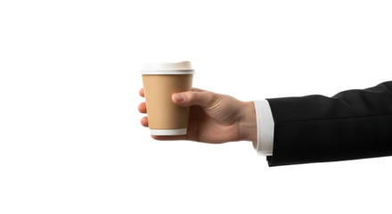 Businessman offers a disposable coffee cup on a plain black background