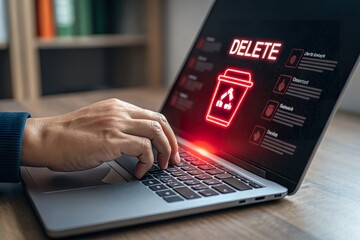 A person using a laptop to delete files, with a digital trash bin icon glowing on the screen