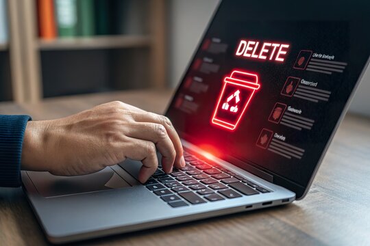 A person using a laptop to delete files, with a digital trash bin icon glowing on the screen
