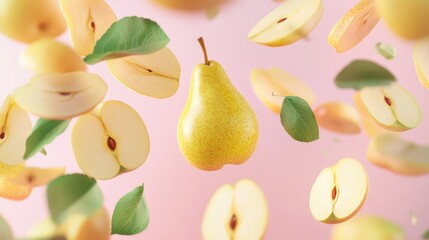 Obraz premium Pear slices and leaves, floating, vibrant pink background. Food photography