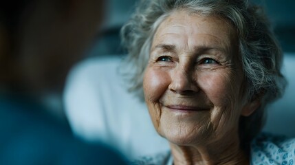 A serene elderly woman with a warm genuine smile looks upwards bathed in soft comforting light conveying peace and contentment
