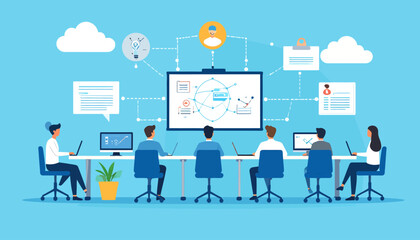 Naklejka premium Hybrid work strategy meeting a team collaborates on a digital whiteboard in a modern office setting
