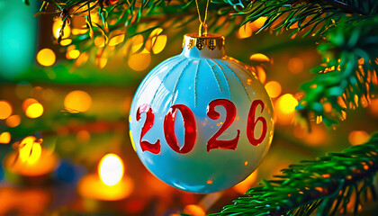 White Christmas ornament with red 2026 numbers. Glossy white holiday bauble with red text. Festive white Xmas ball with bold red 2026. White tree ornament with red year 2026.
