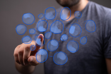 Abstract image of a man interacting with a digital network. Perfect for technology, connection, and innovation concepts.