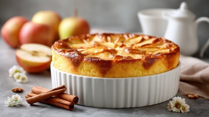Freshly baked apple pie with golden crust and cinnamon served with apples on a rustic kitchen table
