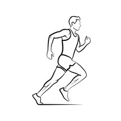 Male athlete in motion, depicted in a dynamic running pose, showcasing strength and determination, emphasizing athleticism and fitness in a minimalist illustration style