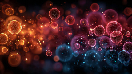Abstract glowing particles and bokeh effects create a vibrant orange, red, pink, and blue background. The dark backdrop with luminous spheres creates a dynamic, scientific, and futuristic feel. Ide