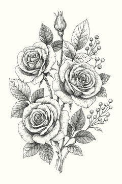 Detailed hand-drawn rose flower sketch in vintage botanical style. Elegant floral illustration with leaves and fine shading, ideal for tattoos, prints, or logo design.