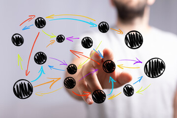 Hand interacting with a colorful network diagram, illustrating connections and flow.