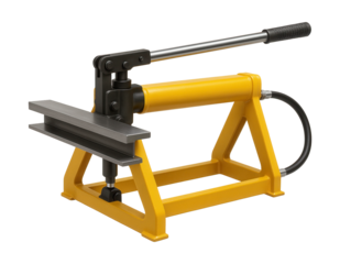 Portable hydraulic sheet bender with hand pump for on-site metalworking tasks.