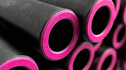 Stacked Black Metal Pipes with Pink Trim, Abstract Industrial Design