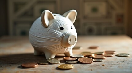 Una alcancía rota reposa sobre una mesa de madera desgastada, con sus grietas visibles debajo de la gasa blanca, rodeada de monedas dispersas