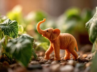 Fototapeta premium Toy Elephant on Pebbles with Greenery