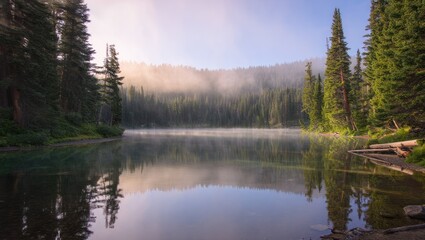 Obraz premium Serene Misty Mountain Lake Calm Water Reflecting Towering Evergreen Forest Sunrise Golden Hour Sunlight Gentle Fog Swirling Nature Landscape Peaceful Wilderness Outdoor Serenity Tranquil Scene