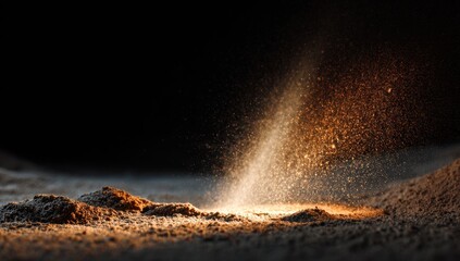Illuminated particles cascade downward, creating dynamic contrast against a dark background