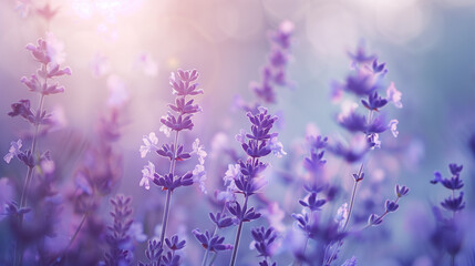 Obraz premium Purple lavender blossoms . Beautiful sunlit lavender field