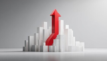Fototapeta premium Conceptual image featuring a red arrow ascending through a cityscape composed of white blocks