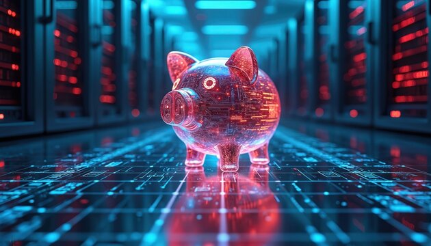 Digital piggy bank with neon lights on circuit board floor. Glowing red piggy bank in data center with server racks. Future finance concept with virtual savings. - Powered by Adobe