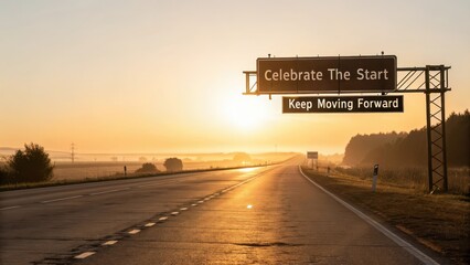 Sunrise Over Empty Road with Celebration Signage and Scenic View