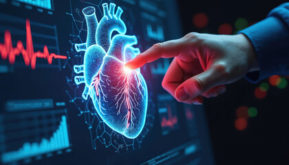 Human hand points at glowing blue digital heart on dark screen. ECG waveform, bar graphs, medical data appear in clinic. Represents advanced medical technology, AI in cardiology research, future