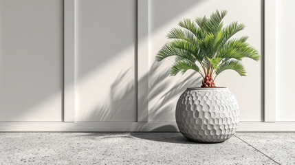 Stylish Interior with Potted Palm Tree against Modern Wall