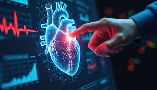 Human hand points at glowing blue digital heart on dark screen. ECG waveform, bar graphs, medical data appear in clinic. Represents advanced medical technology, AI in cardiology research, future