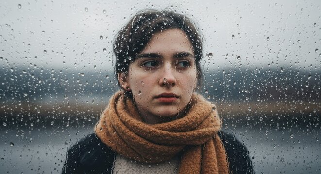 Pensive young woman looking through rainy window on overcast day
