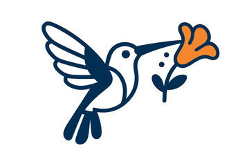 Stylized hummingbird approaching bright orange flower for nectar