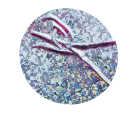 Iridescent Round holographic texture duct sticker with blue shimmer effect and abstract reflection, light background security