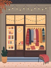 Cozy Boutique Display with Sweaters and Scarves in Autumn Scene
