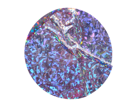 Round holographic duct foil sticker surface with wrinkles and colorful shimmer transparent on iridescent background