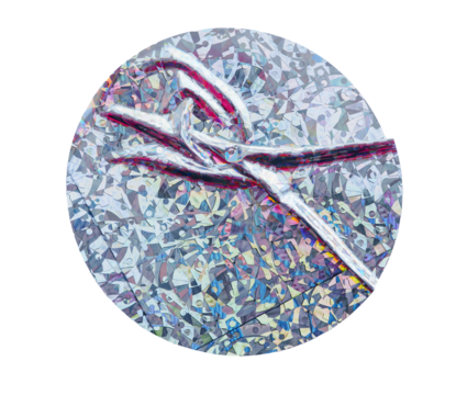 Iridescent Round holographic texture duct sticker with blue shimmer effect and abstract reflection, light background security