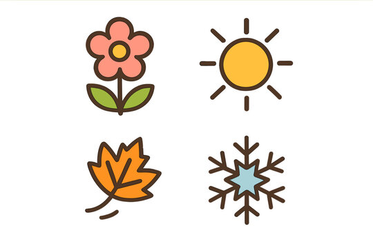 Four seasons icons set featuring flower sun leaf and snowflake symbols