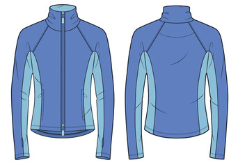 Zip Up Sweatshirt Technical Fashion Illustration. Raglan Sleeves Sports Jacket fashion concept, fitted, pockets, thumbhole, front and back view, blue, women, men, unisex CAD mockup. © Liubov Hladka