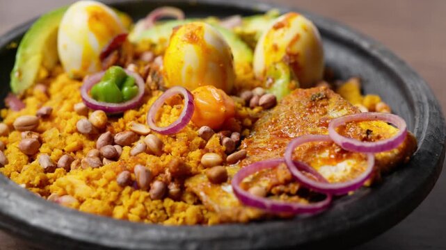 Eto with Groundnut and Avocado, Mashed Ripe Plantain Mixed With Palm Oil, Onions, and roasted groundnuts, Africa Ghana Traditional Dish