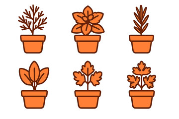Six simple outline icons of various potted herbs for kitchen and garden design