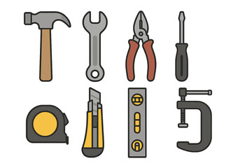 Collection of essential carpentry and construction hand tools icons