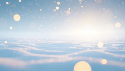 Soft Winter Snowscape Gentle Sunlight Golden Bokeh Festive Sparkle Frosted Landscape Serene Outdoor Scene Calm Atmosphere Subtle Ice Crystals Twinkling Lights Tranquil Nature Backdrop Cold Season