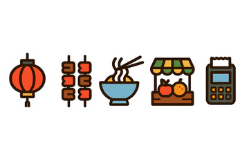 Asian street food market icons featuring lantern and payment terminal
