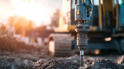 Excavator with a Pile Driver at Work: Groundbreaking Construction Technology. Digging deep for solid foundations. Power and precision in action.