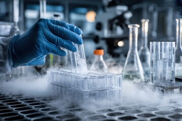 A scientist in gloves meticulously handles a test tube in a lab amidst vapor and lab equipment