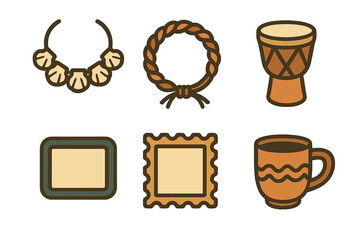 Collection of tribal and rustic cultural symbols featuring necklace rope drum frames and mug