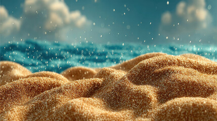 Sunny Beach Landscape with Golden Sand and Blue Ocean View Background