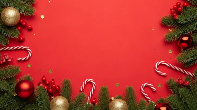 Christmas frame with fir branches, ornaments, and candy canes