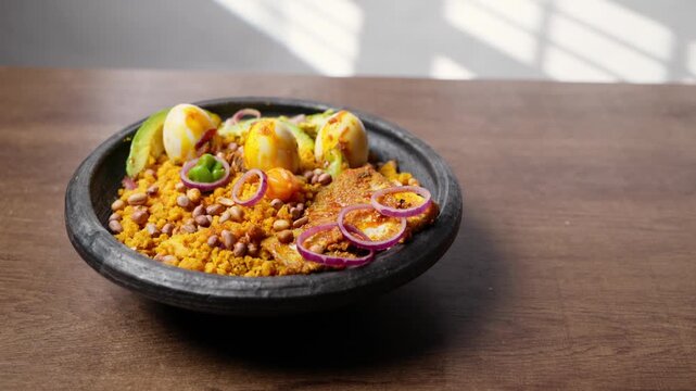 Eto with Groundnut and Avocado, Mashed Ripe Plantain Mixed With Palm Oil, Onions, and roasted groundnuts, Africa Ghana Traditional Dish
