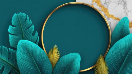 Teal and Gold Frame Mockup with Tropical Leaves for Luxury Design