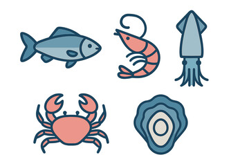 Stylized icons set of various seafood including fish shrimp crab squid and oyster