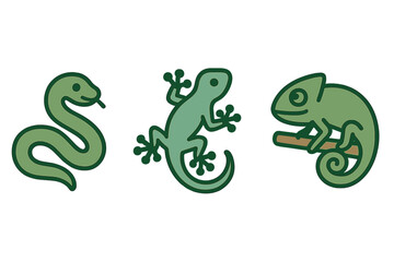 Set of simple green reptile icons featuring snake, gecko, and chameleon